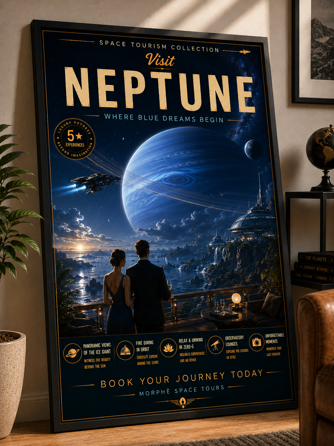 Where Blue Dreams Begin – Cinematic Space Tourism Poster | Framed Wall Art Mockup | Morphē Studio