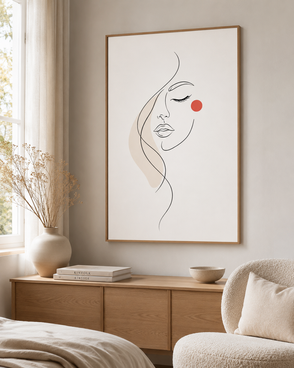 Whisper of Grace minimal line art print — large oak framed wall art of a woman's face with terracotta circle accent, hung above a wooden sideboard with round ceramic vase, Kinfolk books and ceramic bowl in a bright Scandinavian bedroom, Morphē Studio
