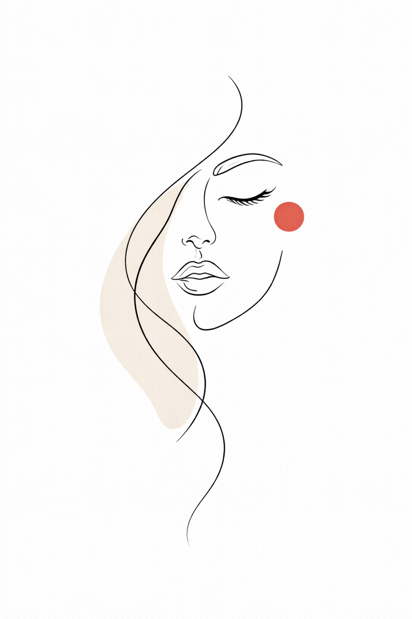 Whisper of Grace minimal line art print — black line illustration of a woman's face with eyes closed and flowing hair, with warm beige watercolour brushstroke and bold terracotta circle accent on white background, Morphē Studio