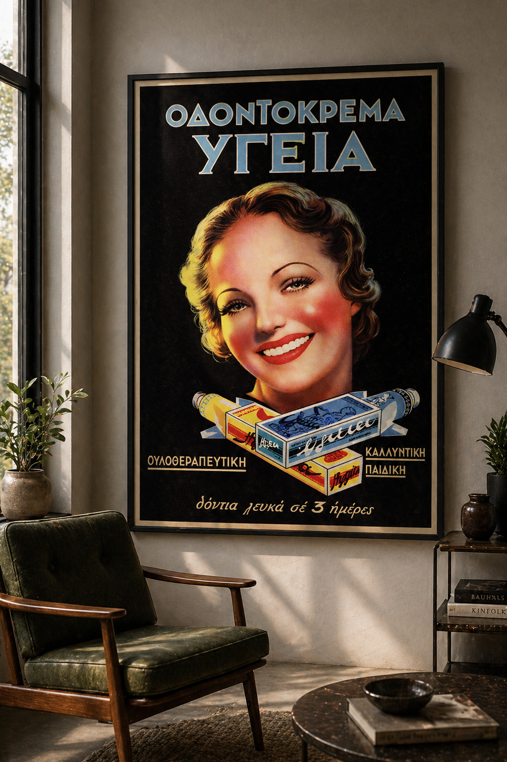 Ygeia Toothpaste Greek vintage advertisement poster displayed in a modern living room interior