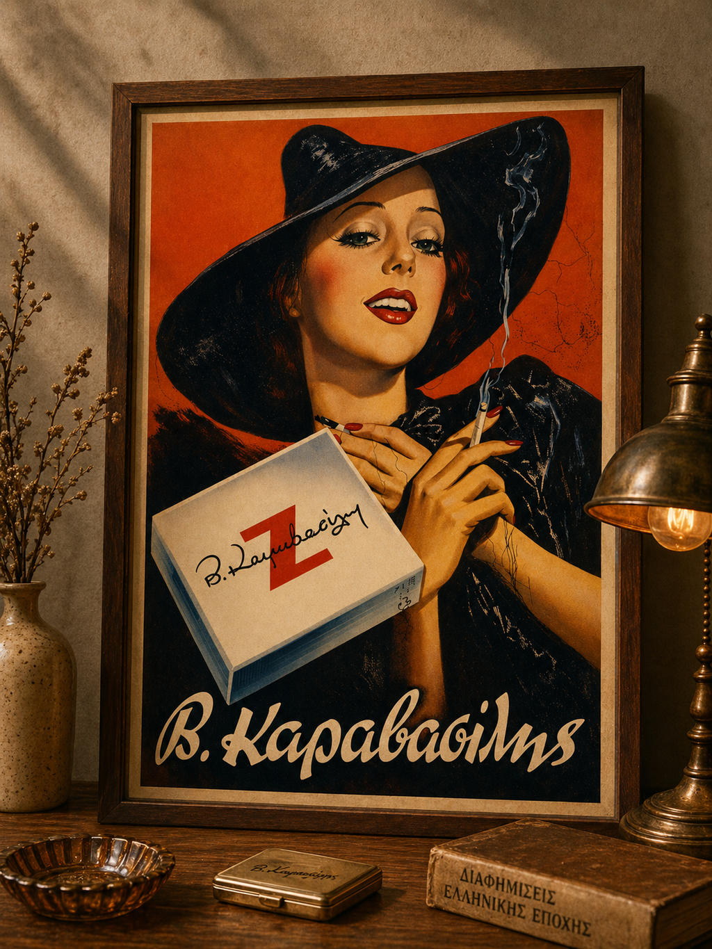 Z Karavasilis Cigarettes – Greek Vintage Advertising Poster, digitally restored printable wall art, mockup