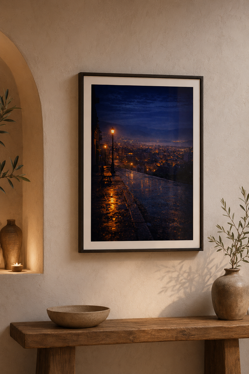 Agrinio by Night cinematic poster in a modern interior frame – Morphē Studio wall art print


