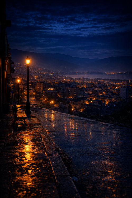 Cinematic night view of Agrinio Greece – atmospheric city lights wall art digital print by Morphē Studio

