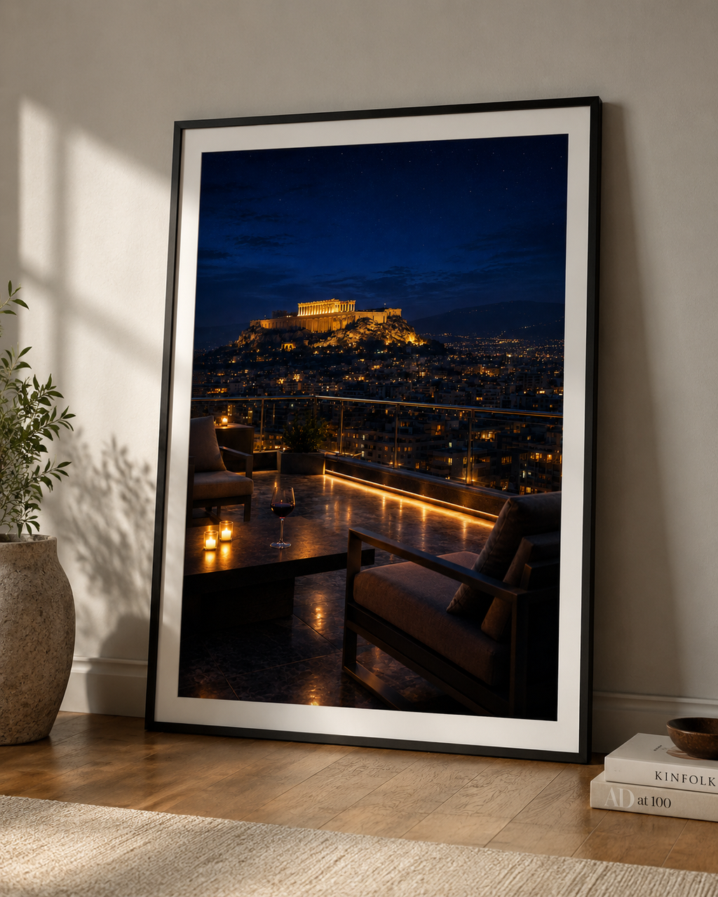 Athens Rooftop by Night cinematic poster in a modern interior frame – Morphē Studio wall art print

