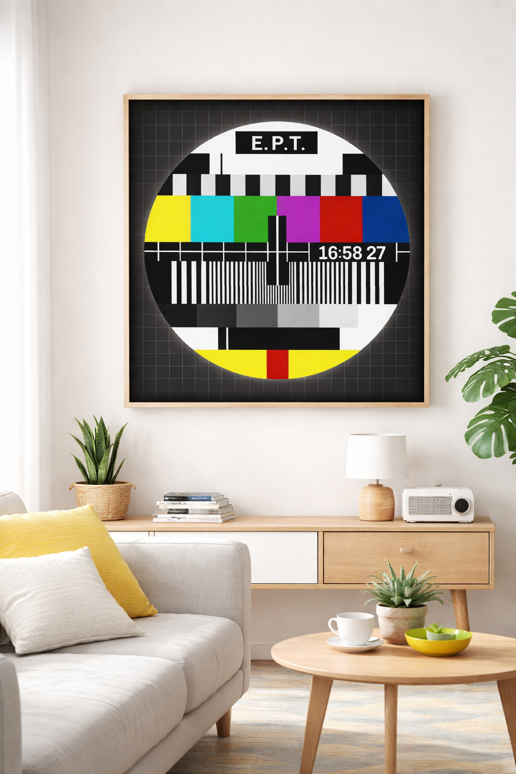 ERT Test Card Greek vintage poster mockup displayed as framed wall art in modern interior decor
