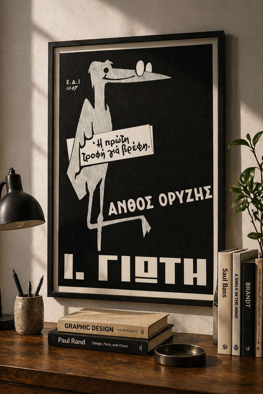 Giotis Baby Food Greek vintage advertisement poster mockup displayed as framed wall art in interior decor
