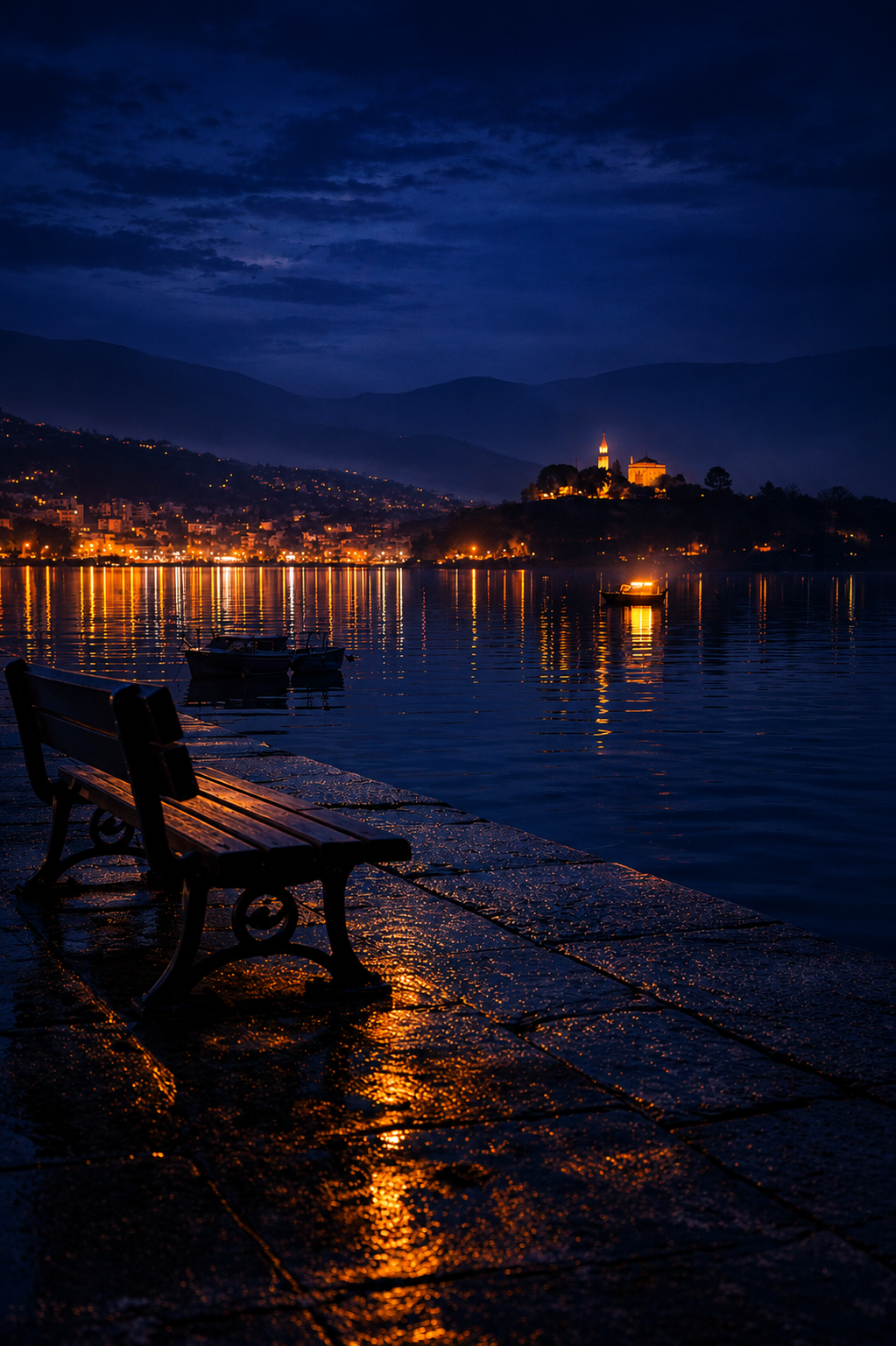 Cinematic night view of Ioannina lake Greece – atmospheric city lights reflecting on Lake Pamvotis, wall art digital print by Morphē Studio