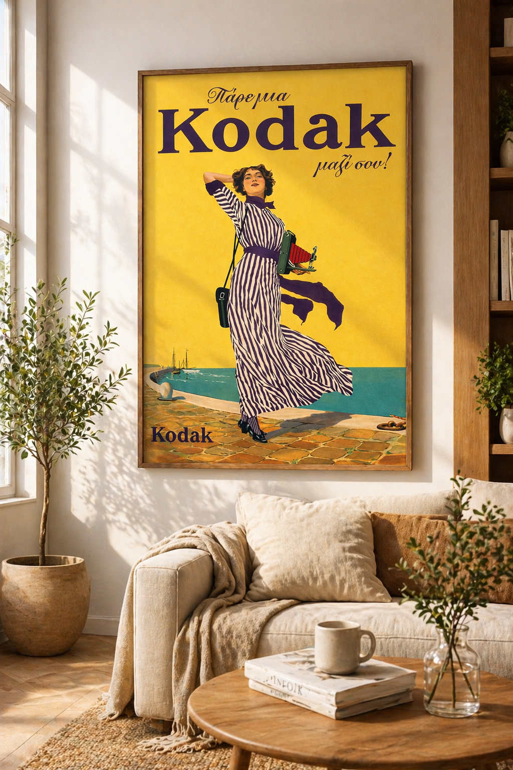 Kodak Greek vintage advertisement poster mockup displayed as framed wall art in interior decor
