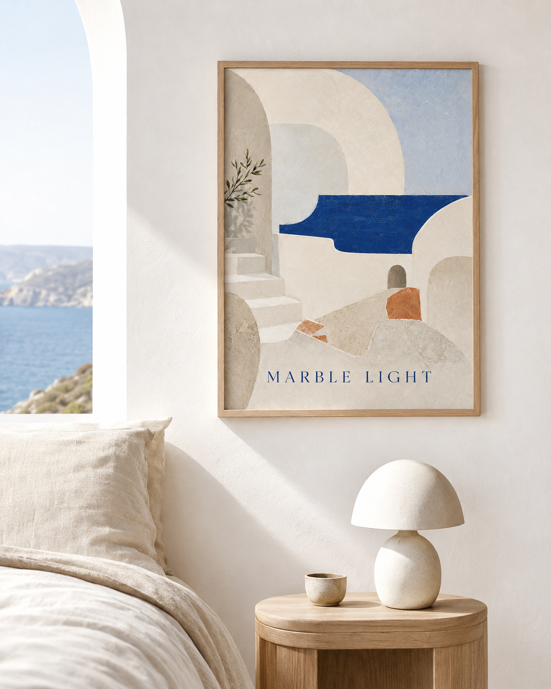 Marble Light | Printable Abstract Wall Art | Morphē Studio — framed Greek island abstract print in oak frame above bedside table with white dome lamp beside Aegean sea view window