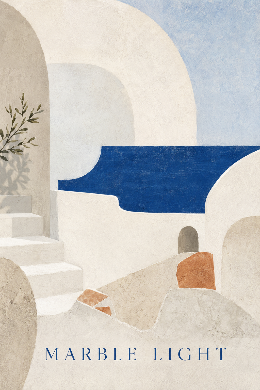 Marble Light | Printable Abstract Wall Art | Morphē Studio — whitewashed Greek island arches and curved steps with cobalt Aegean sea, olive branch and terracotta figure in warm afternoon light