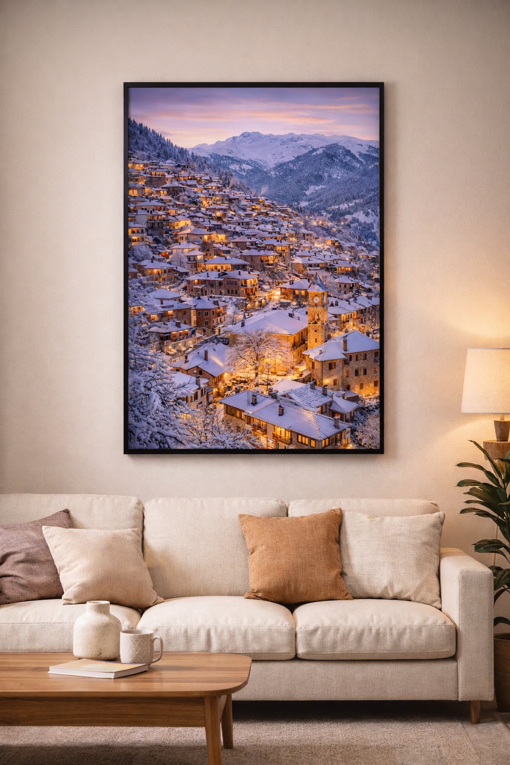 Metsovo Cinematic Poster mockup – framed printable wall art displayed in a modern interior, Morphē Studio

