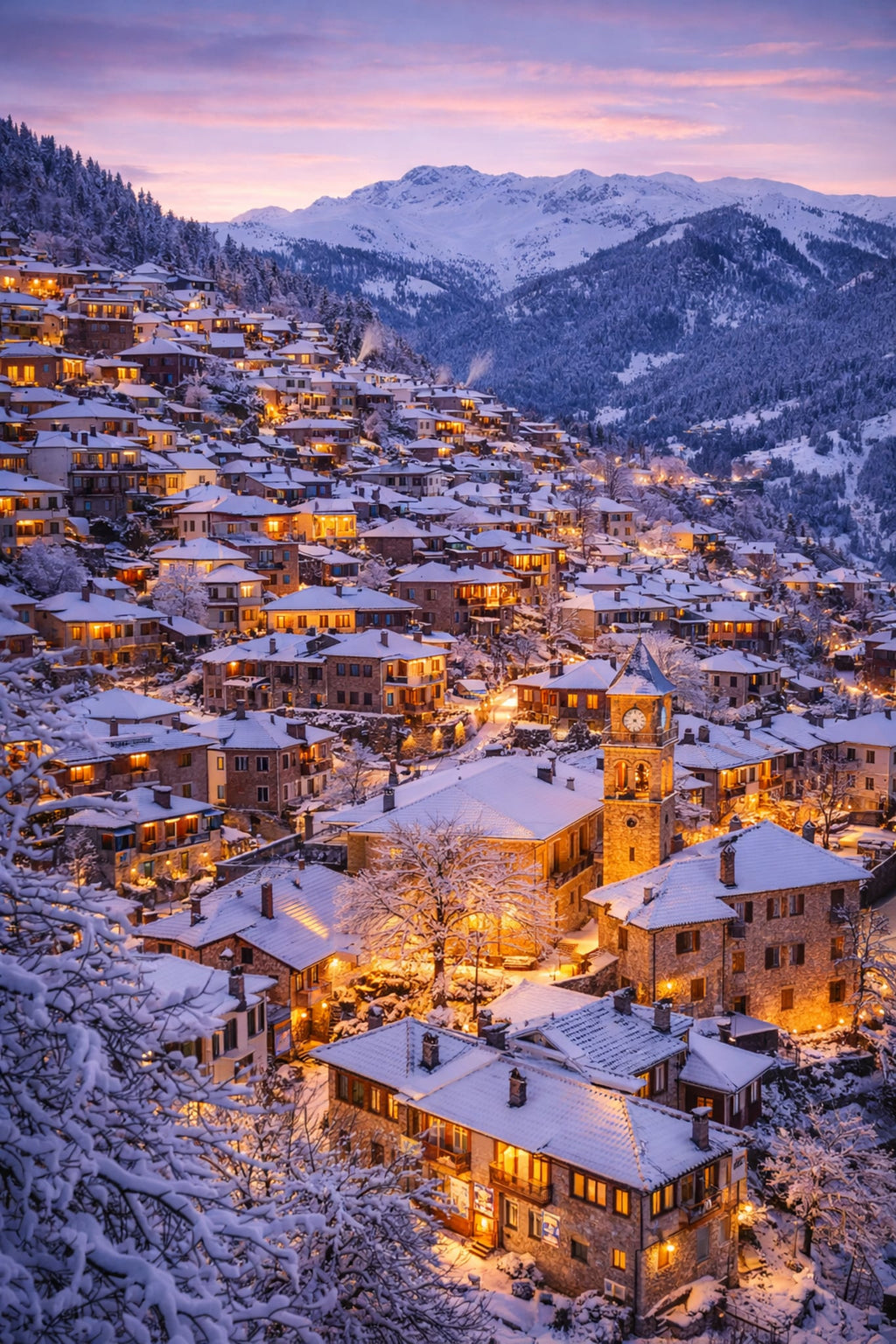 Metsovo Cinematic Poster preview – snow-capped mountain village in Epirus, high resolution 300 DPI instant digital download, Morphē Studio

