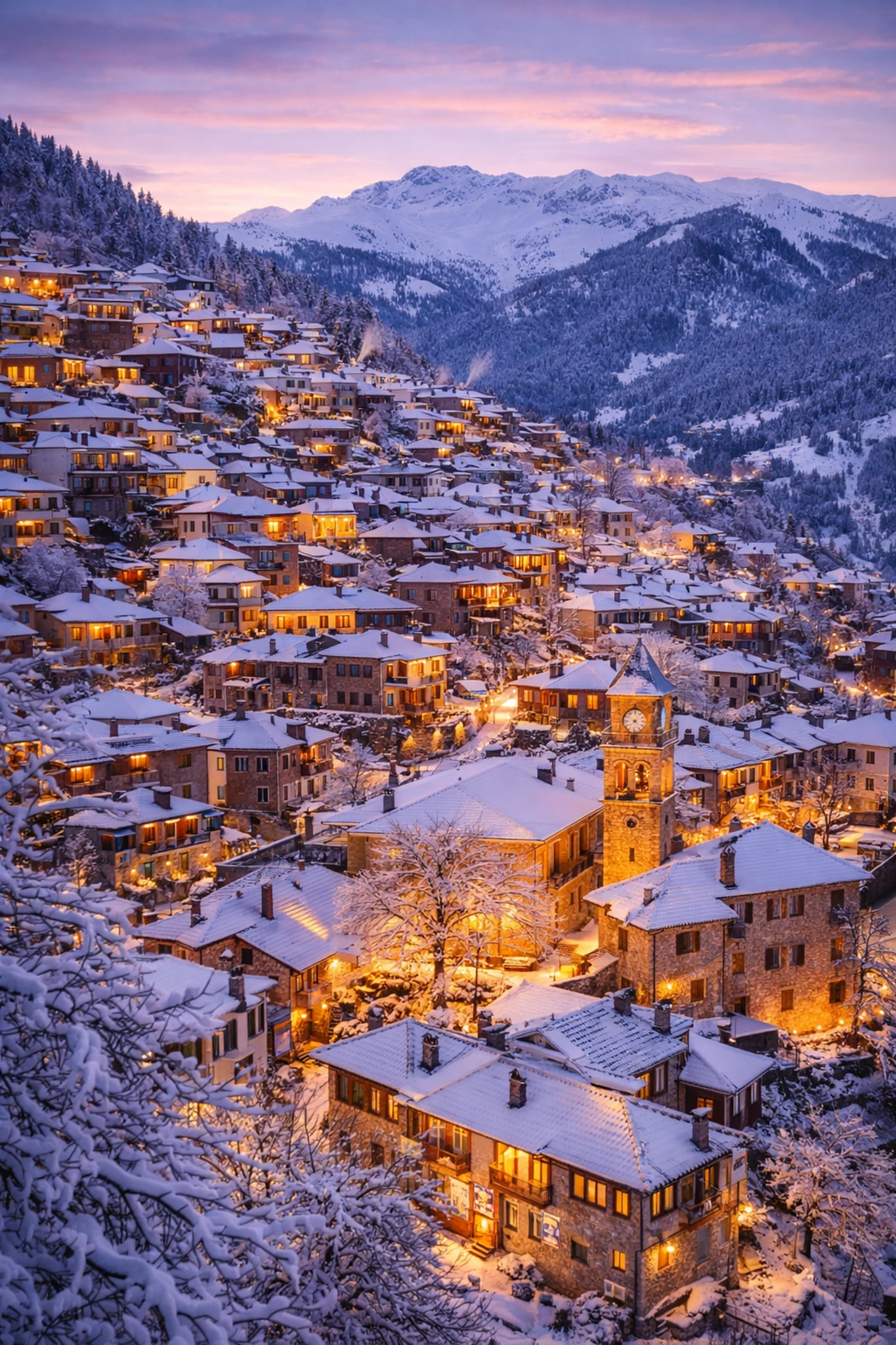 Metsovo Cinematic Poster preview – snow-capped mountain village in Epirus, high resolution 300 DPI instant digital download, Morphē Studio
