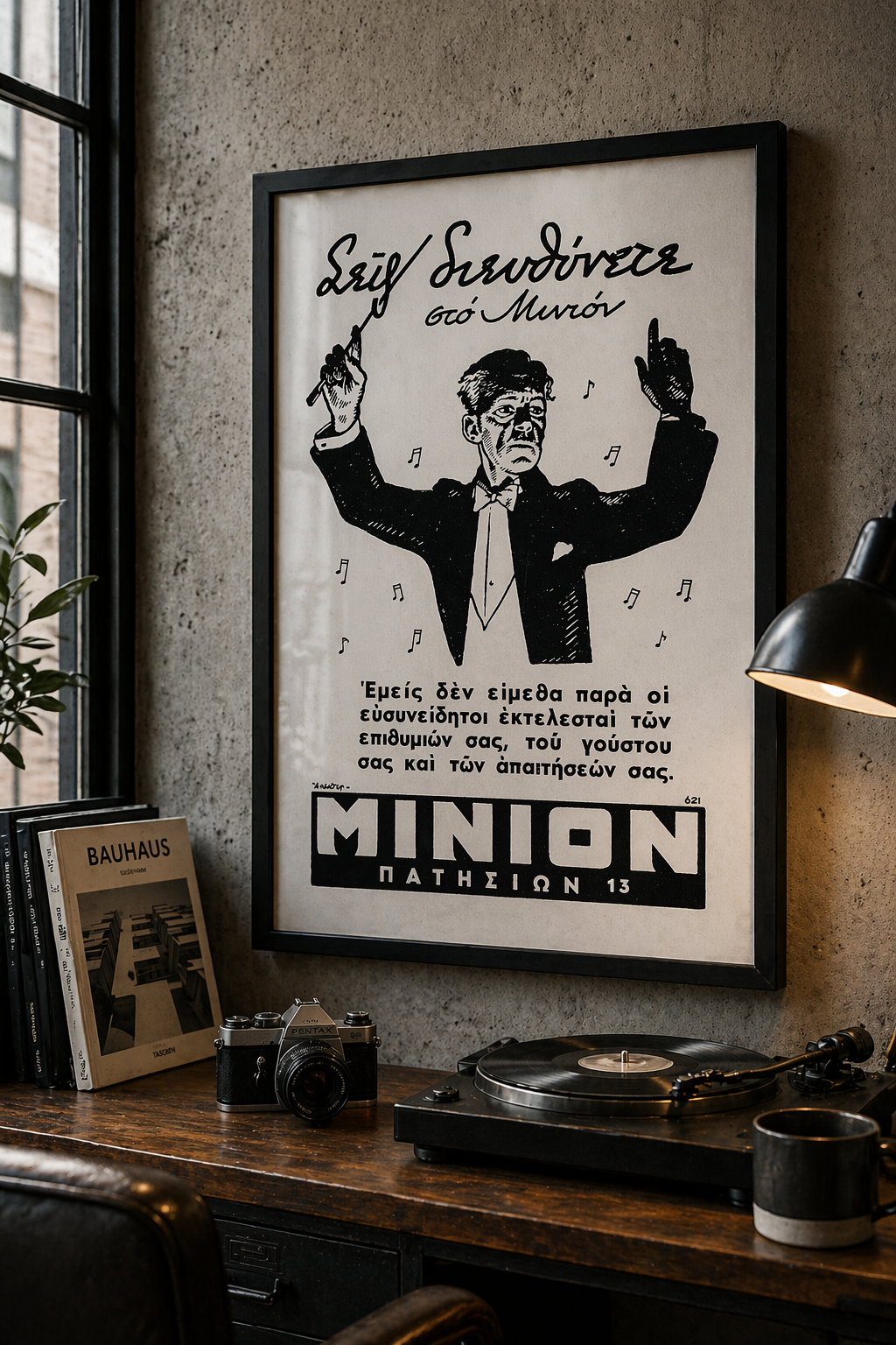 MINION Toys Store Greek vintage advertisement poster mockup displayed as framed wall art in interior decor

