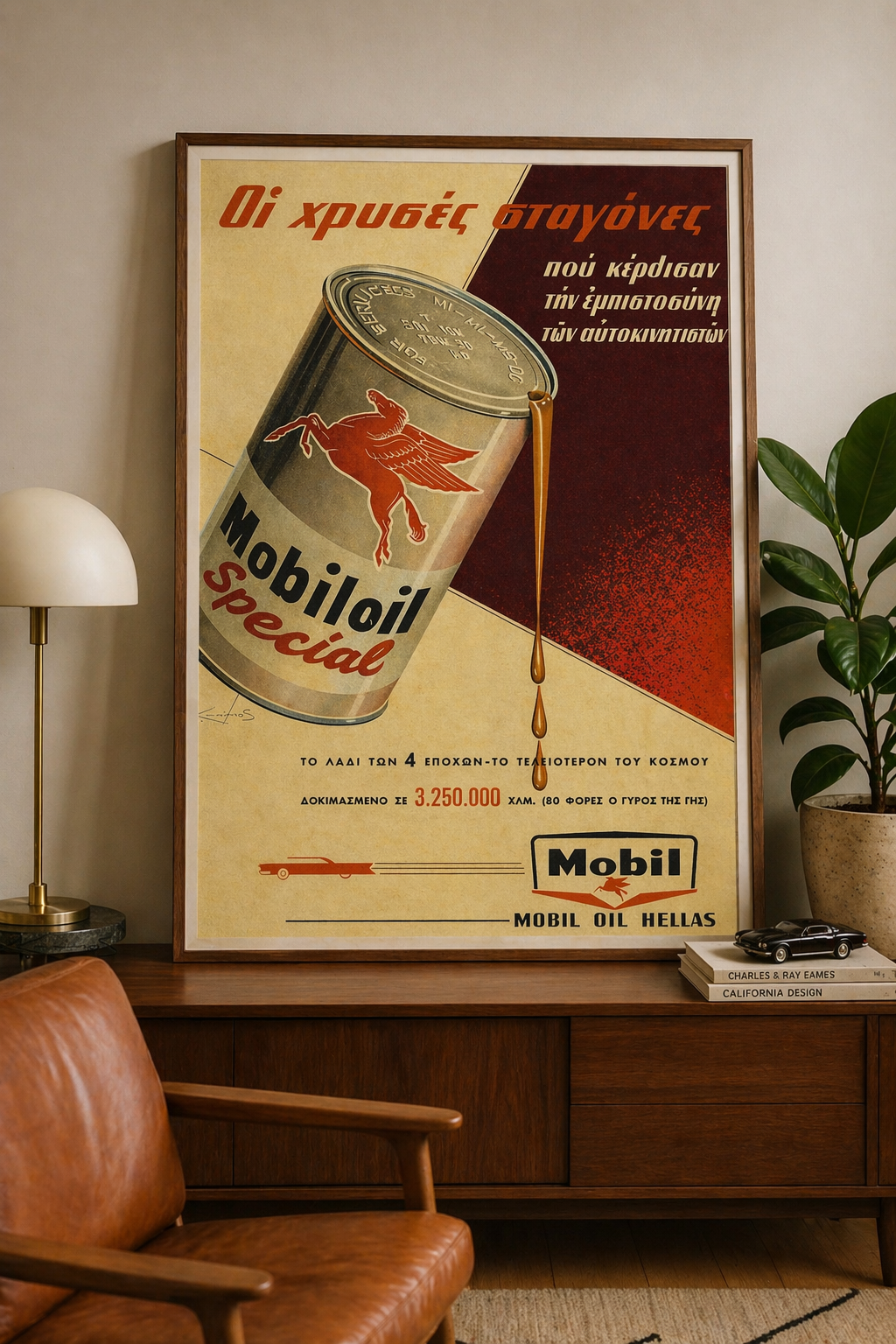 Mobil Oil Greek vintage advertisement poster mockup displayed as framed wall art in interior decor
