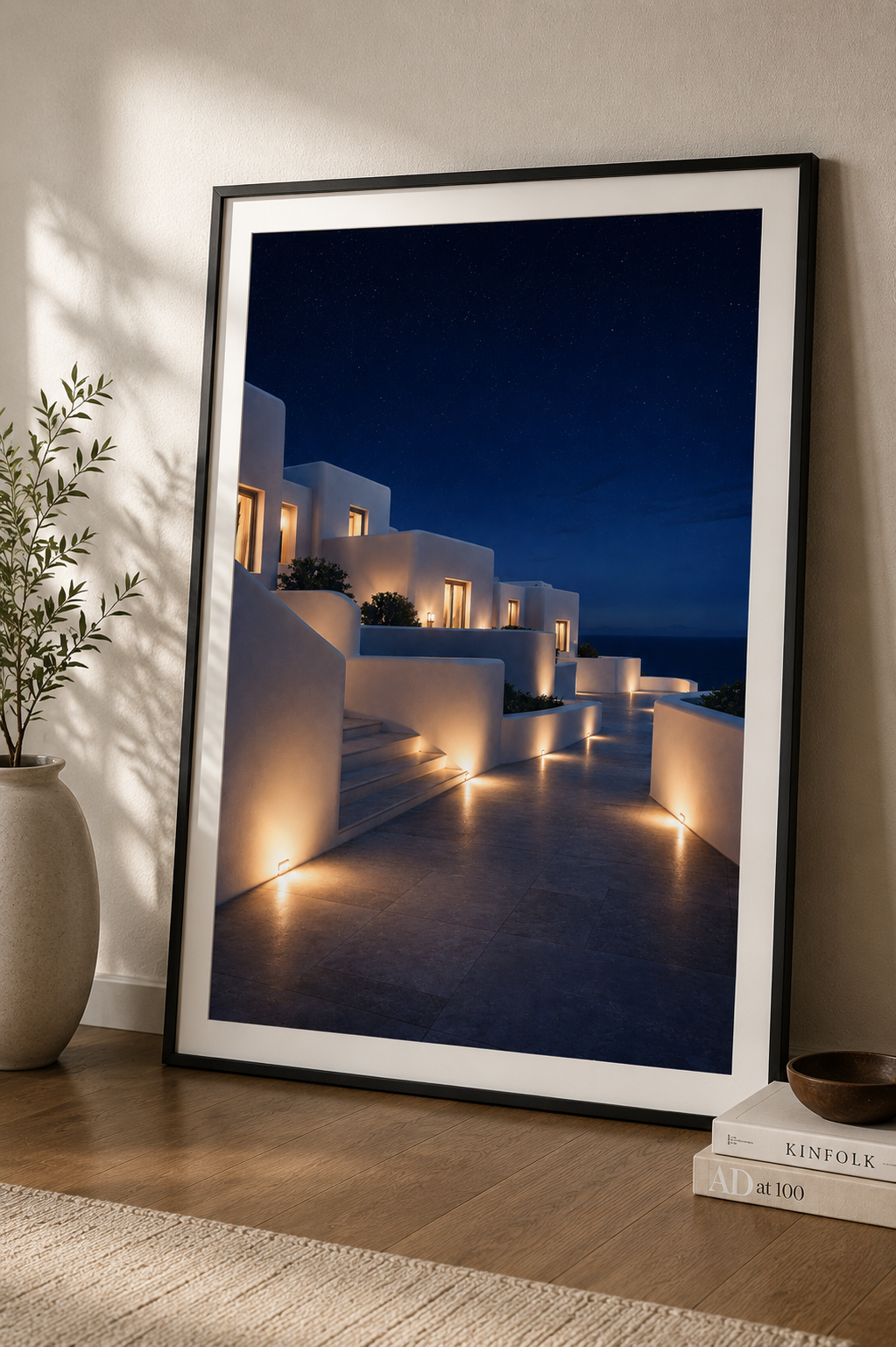 Mykonos by Night cinematic poster in a modern interior frame – Morphē Studio wall art print

