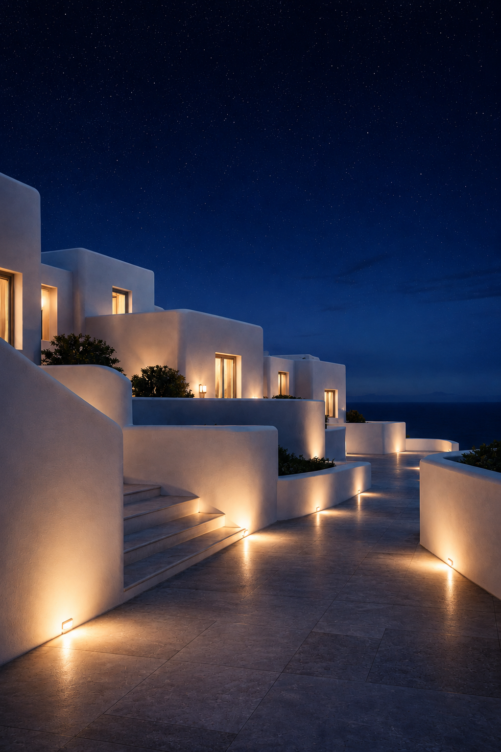 Cinematic night view of Mykonos Greece – whitewashed Cycladic village glowing under deep blue sky, wall art digital print by Morphē Studio