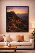 Mystras Cinematic Poster mockup – framed printable wall art displayed in a modern interior, Morphē Studio
