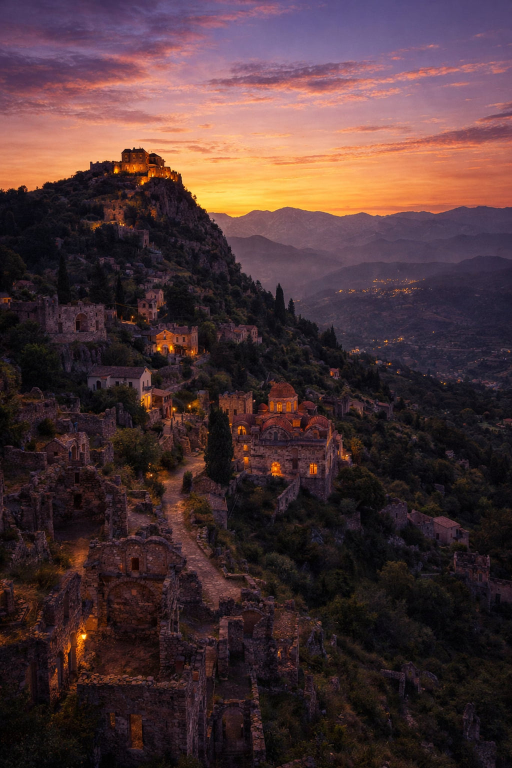 Mystras Cinematic Poster preview – Byzantine ruins and medieval towers in the Peloponnese, high resolution 300 DPI instant digital download, Morphē Studio
