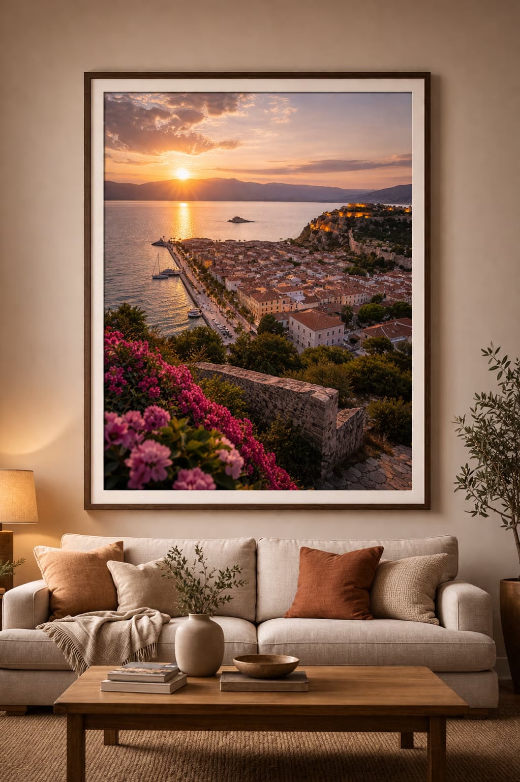 Nafplio Cinematic Poster mockup – framed printable wall art displayed in a modern interior, Morphē Studio
