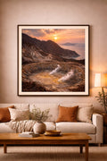 Nisyros Cinematic Poster mockup – framed printable wall art displayed in a modern interior, Morphē Studio
