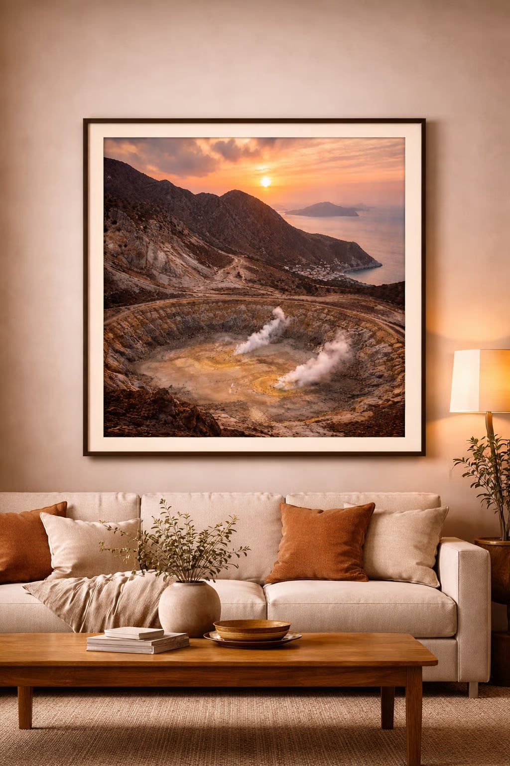Nisyros Cinematic Poster mockup – framed printable wall art displayed in a modern interior, Morphē Studio
