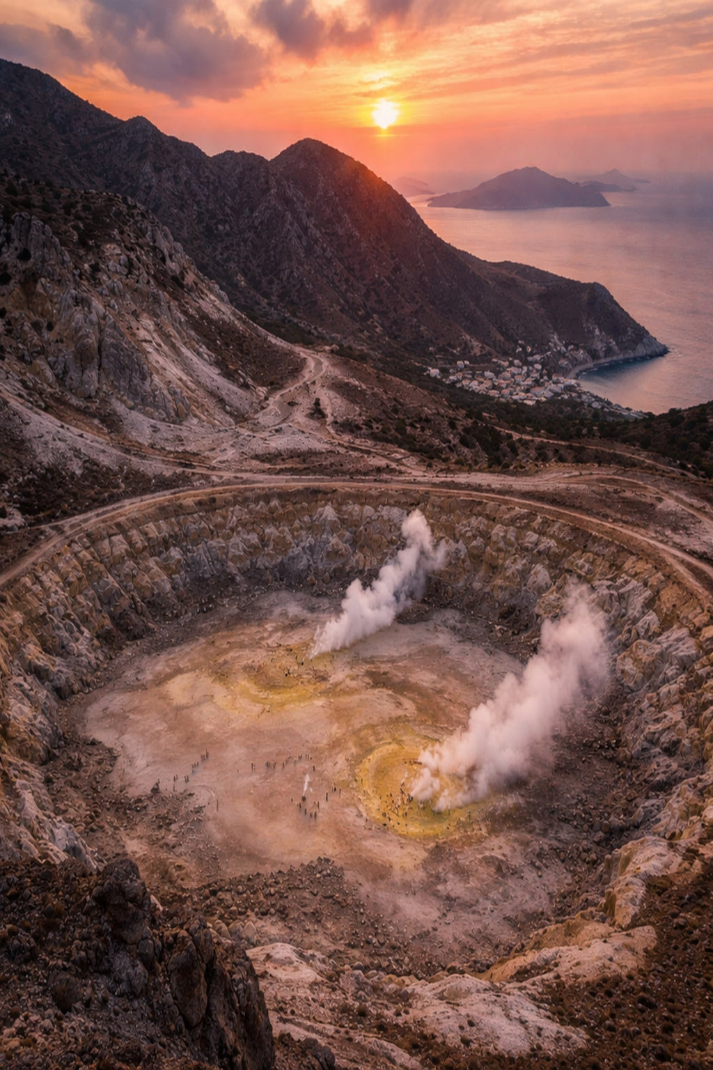 Nisyros Cinematic Poster preview – volcanic crater and whitewashed village of Nisyros, Dodecanese, high resolution 300 DPI instant digital download, Morphē Studio
