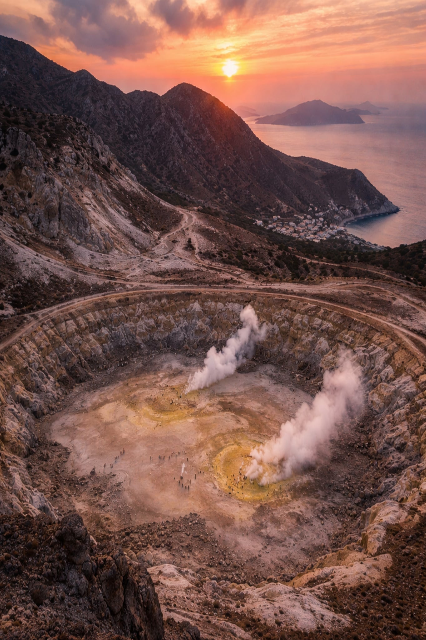 Nisyros Cinematic Poster preview – volcanic crater and whitewashed village of Nisyros, Dodecanese, high resolution 300 DPI instant digital download, Morphē Studio
