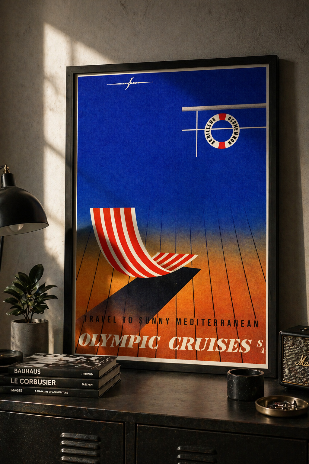 Olympic Cruises Greek vintage advertisement poster mockup displayed as framed wall art in interior decor
