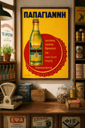 Papagianni Soda Greek vintage advertisement poster mockup displayed as framed wall art in interior decor
