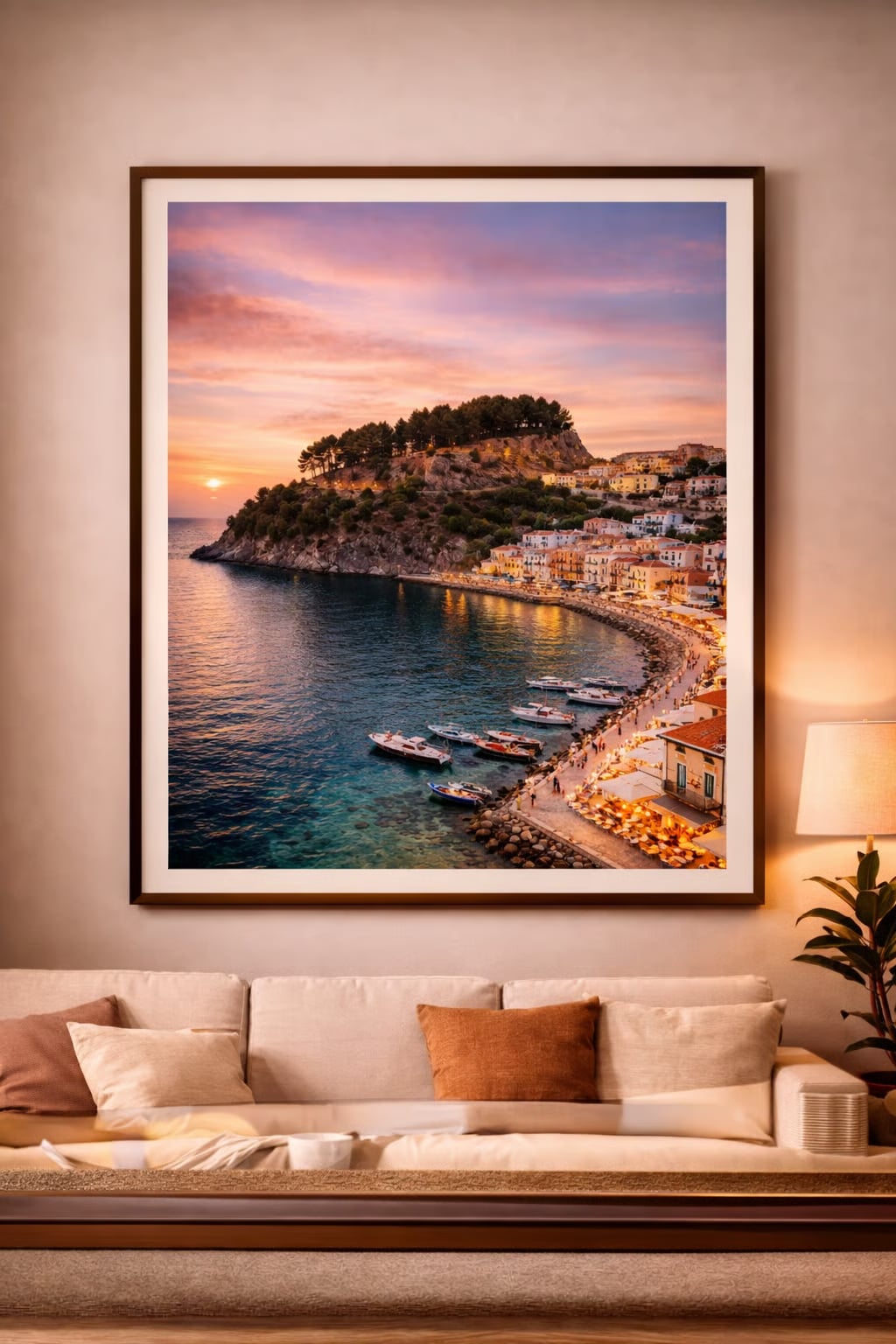 Parga Cinematic Poster mockup – framed printable wall art displayed in a modern interior, Morphē Studio
