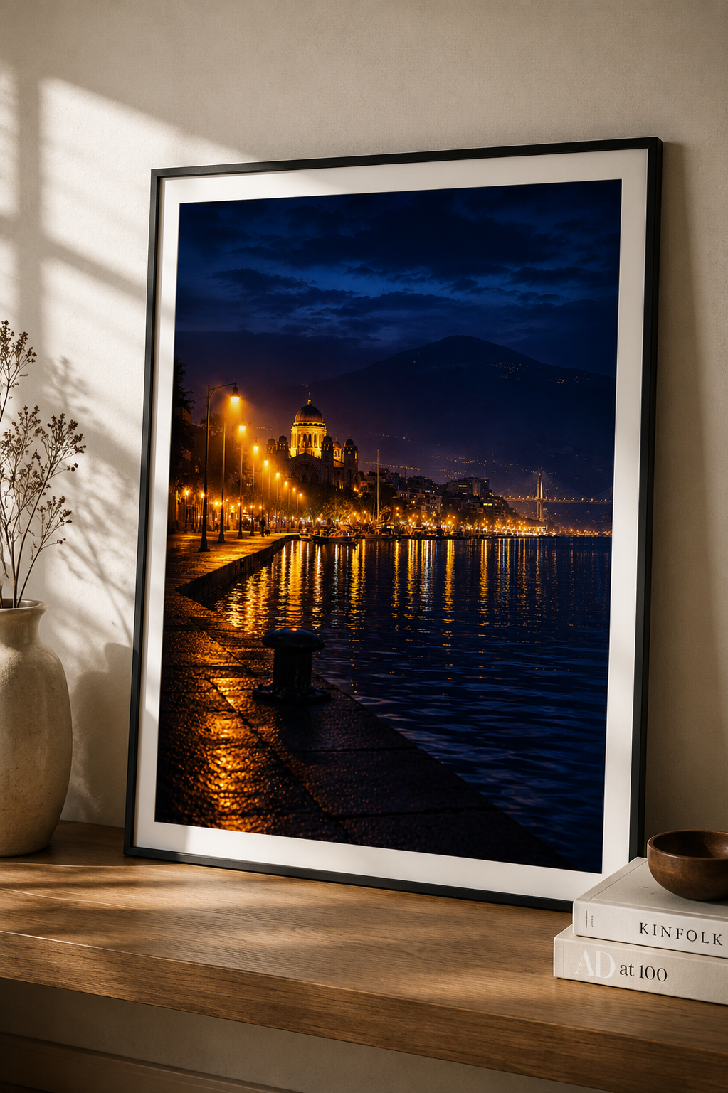Patras by Night cinematic poster in a modern interior frame – Morphē Studio wall art print