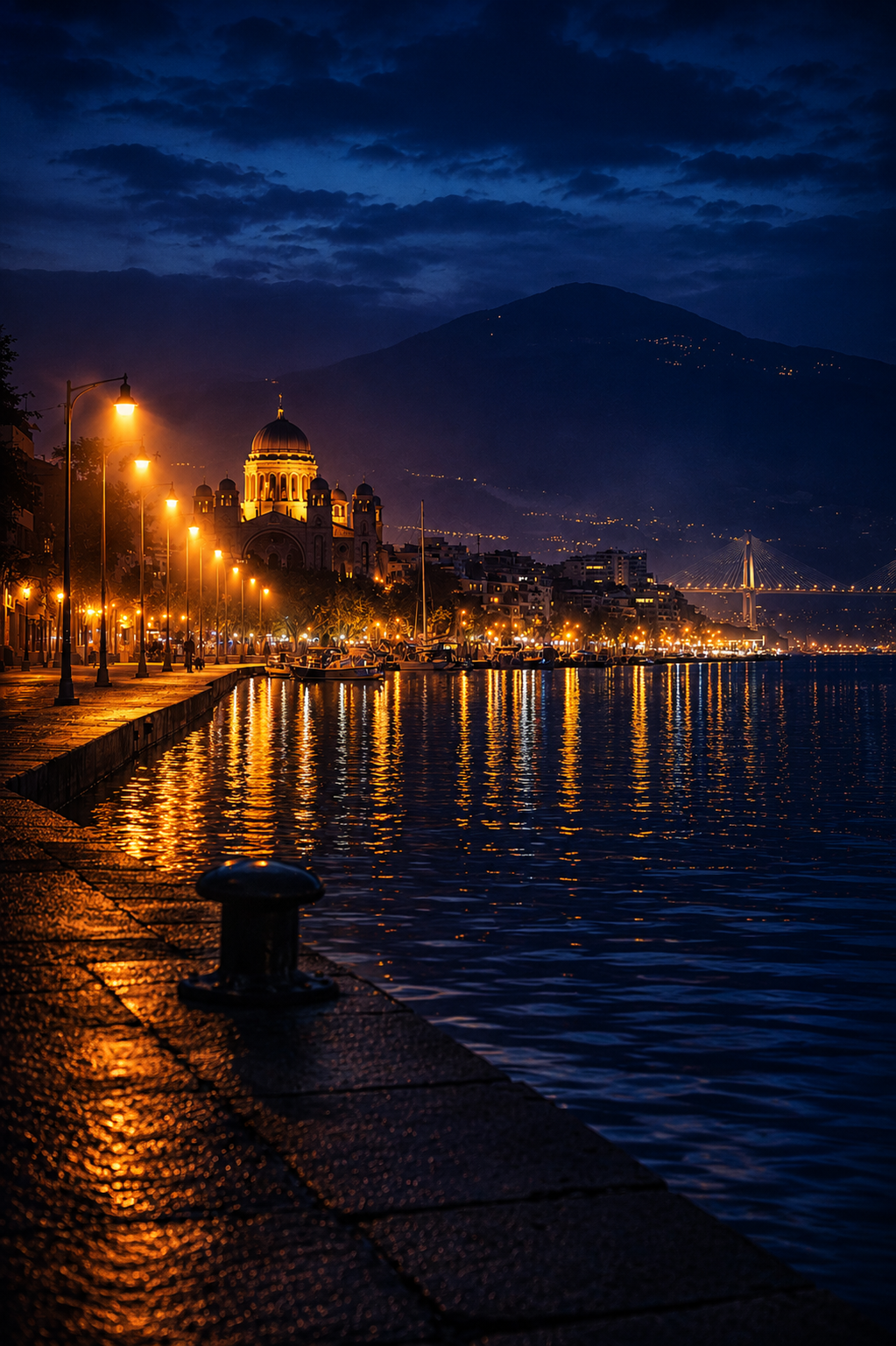 Cinematic night view of Patras Greece – glittering port city lights and waterfront, wall art digital print by Morphē Studio