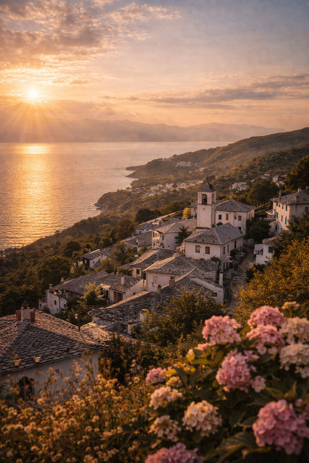 Pilio Cinematic Poster preview – lush green hillside and Aegean coastline of Pelion, Thessaly, high resolution 300 DPI instant digital download, Morphē Studio
