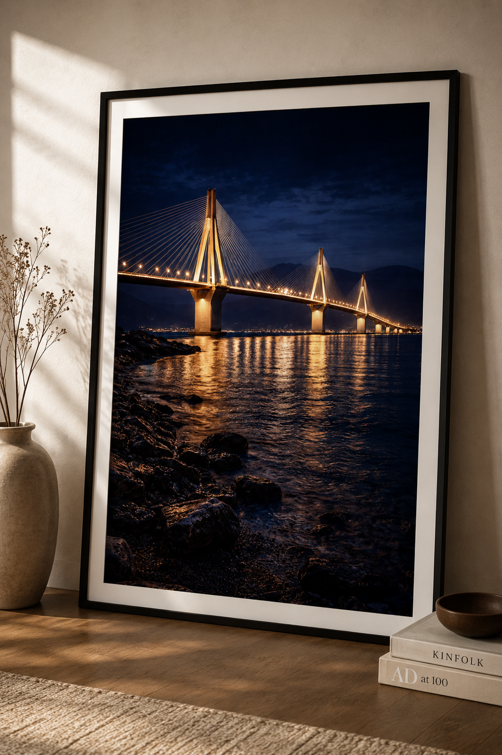 Rion Antirion Bridge by Night cinematic poster in a modern interior frame – Morphē Studio wall art print

