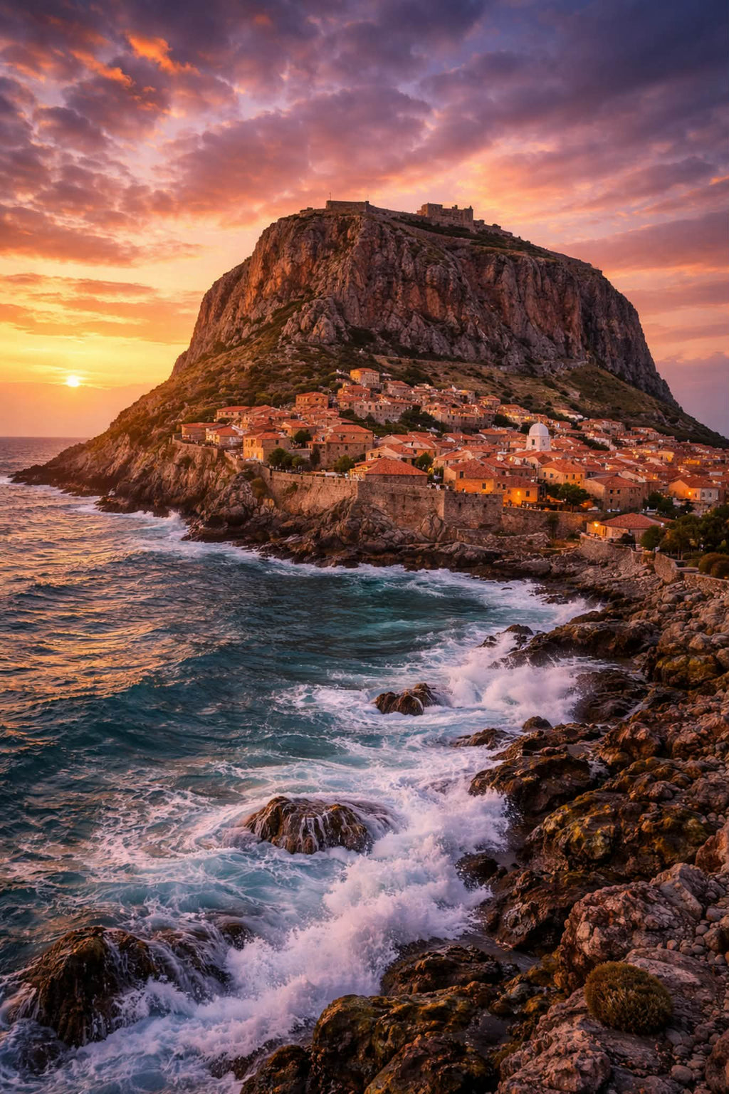 Monemvasia Cinematic Poster preview – dramatic medieval rock fortress and Byzantine architecture of Monemvasia, Peloponnese Greece, high resolution 300 DPI instant digital download, Morphē Studio