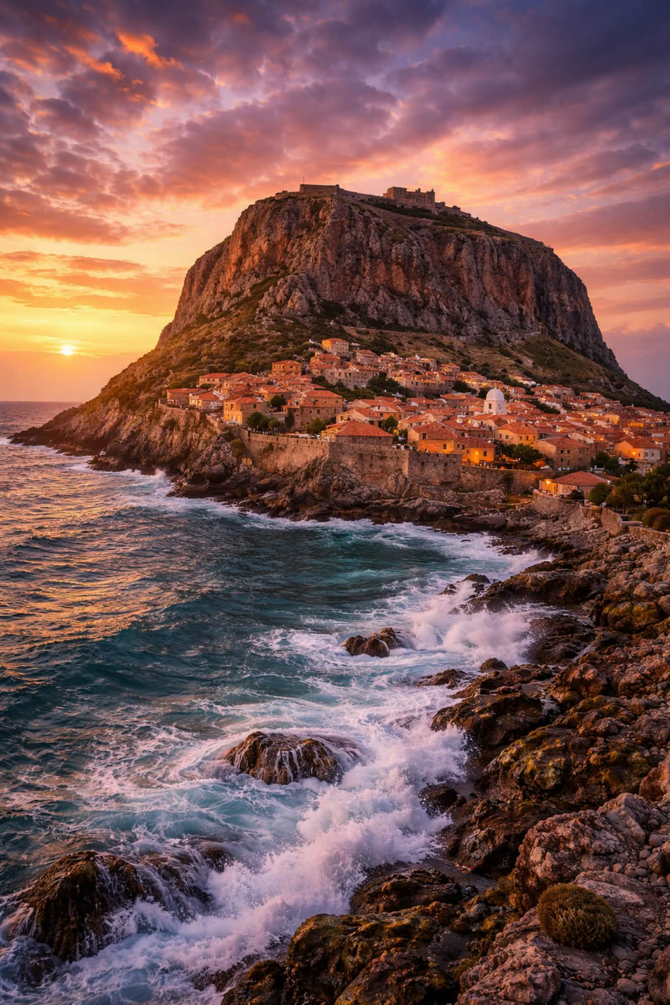 Monemvasia Cinematic Poster preview – dramatic medieval rock fortress and Byzantine architecture of Monemvasia, Peloponnese Greece, high resolution 300 DPI instant digital download, Morphē Studio