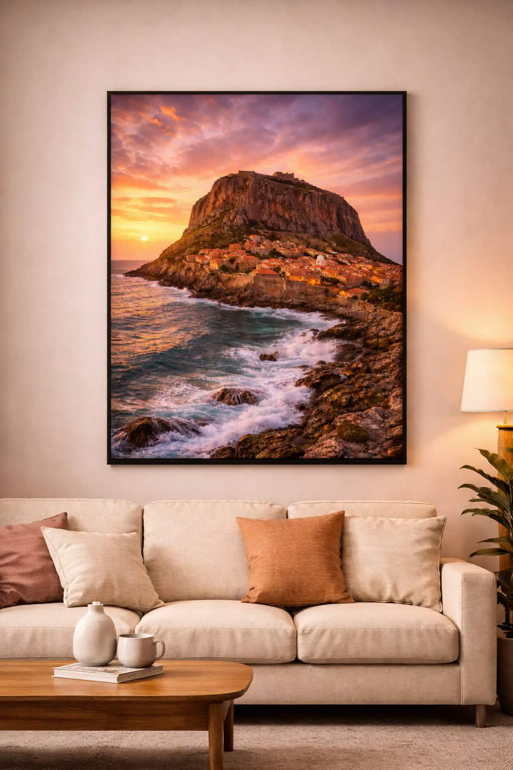 Monemvasia Cinematic Poster mockup – framed printable wall art displayed in a modern interior, Morphē Studio