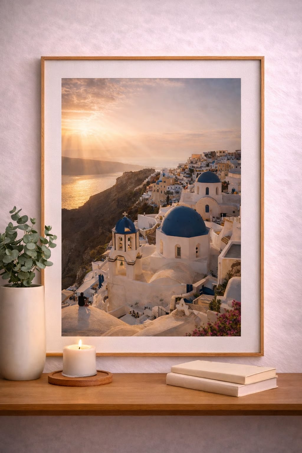 Santorini cinematic poster mockup – framed wall art print of Oia sunset with blue domed churches