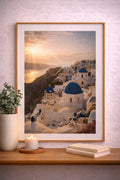 Santorini cinematic poster mockup – framed wall art print of Oia sunset with blue domed churches