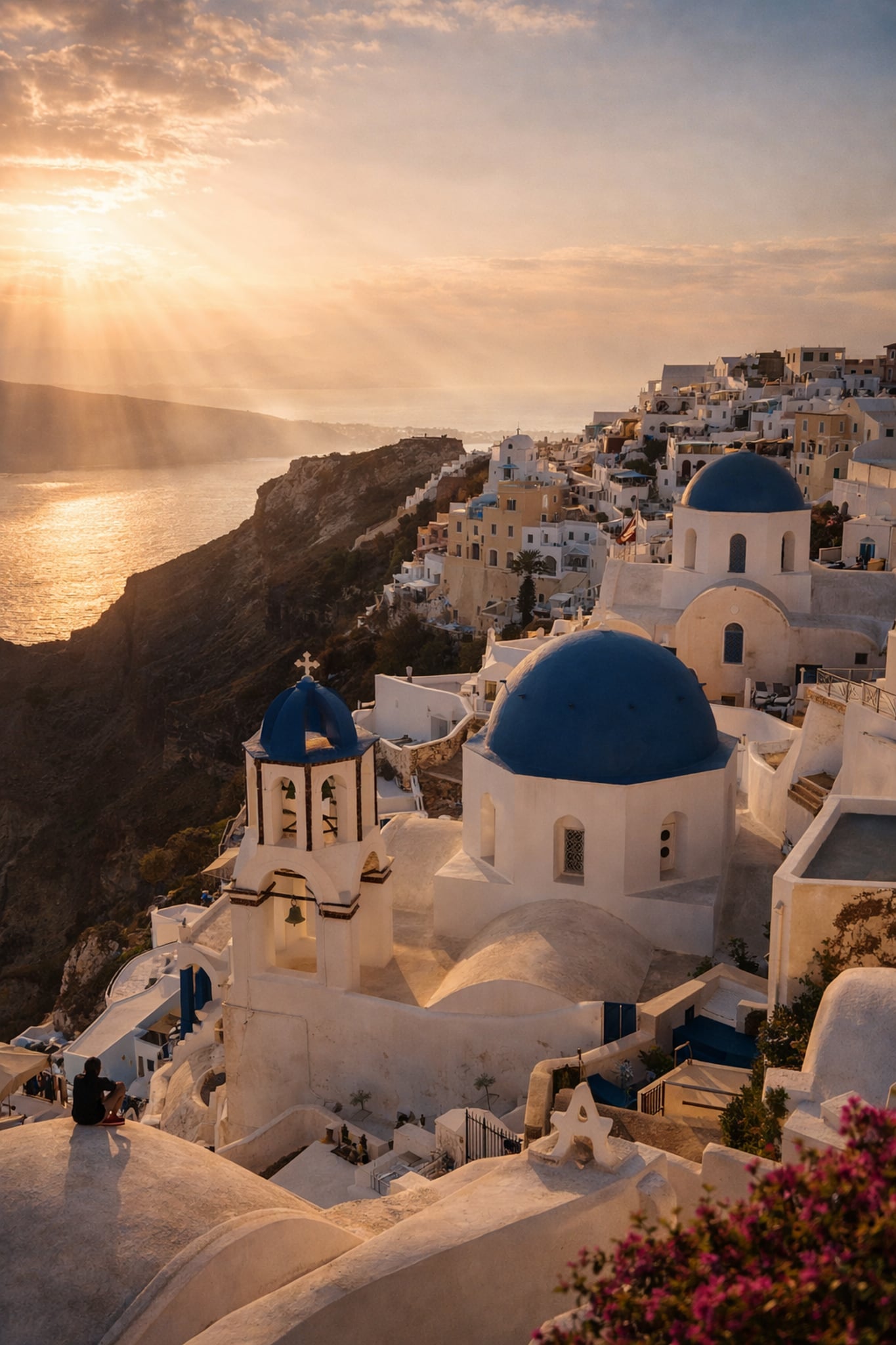 Santorini cinematic poster mockup – framed wall art print of Oia sunset with blue domed churches