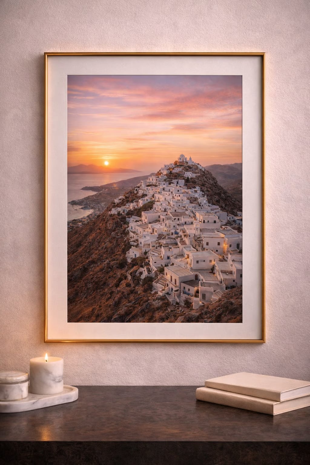 Serifos Cinematic Poster mockup – framed printable wall art displayed in a modern interior, Morphē Studio
