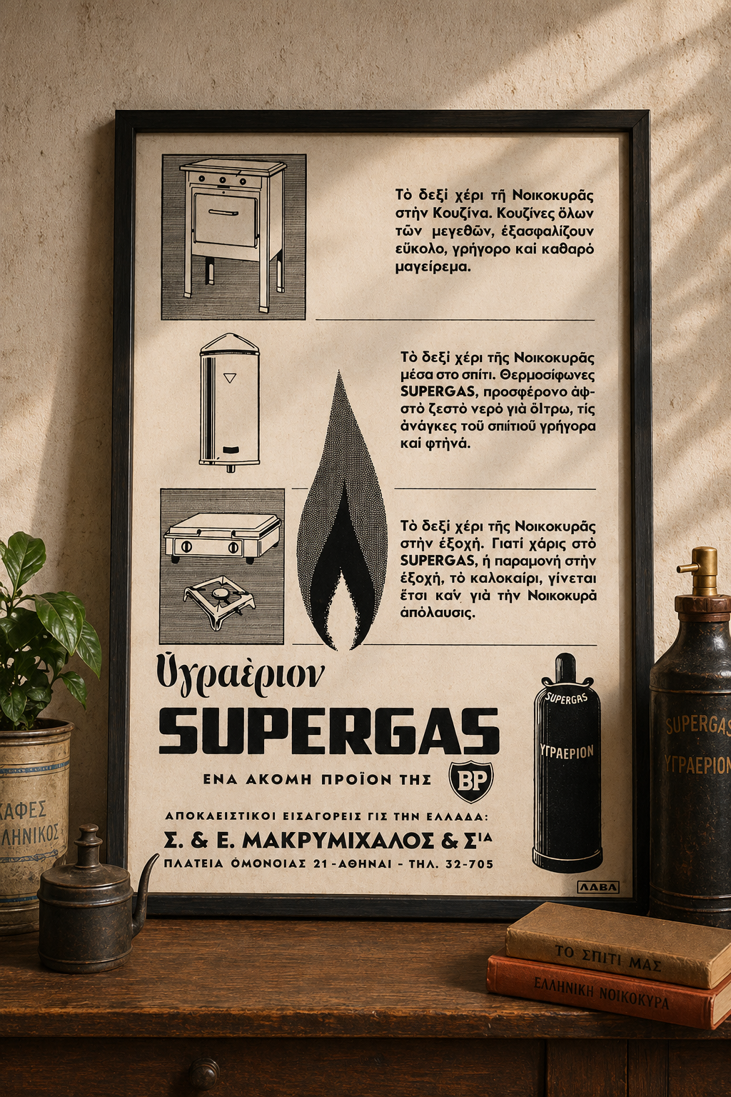 Supergas – Greek Vintage Advertising Poster, digitally restored printable wall art, mockup