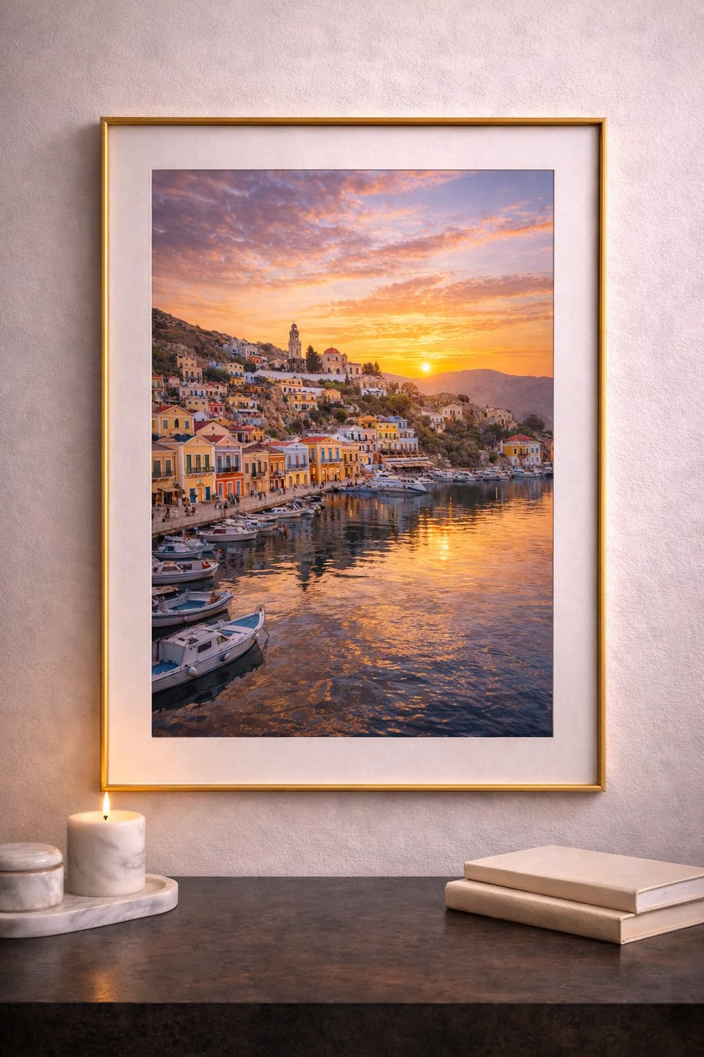Symi Cinematic Poster mockup – framed printable wall art displayed in a modern interior, Morphē Studio
