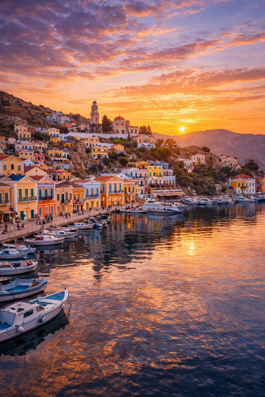 Symi Cinematic Poster preview – colourful neoclassical harbour of Symi island, Dodecanese Greece, high resolution 300 DPI instant digital download, Morphē Studio
