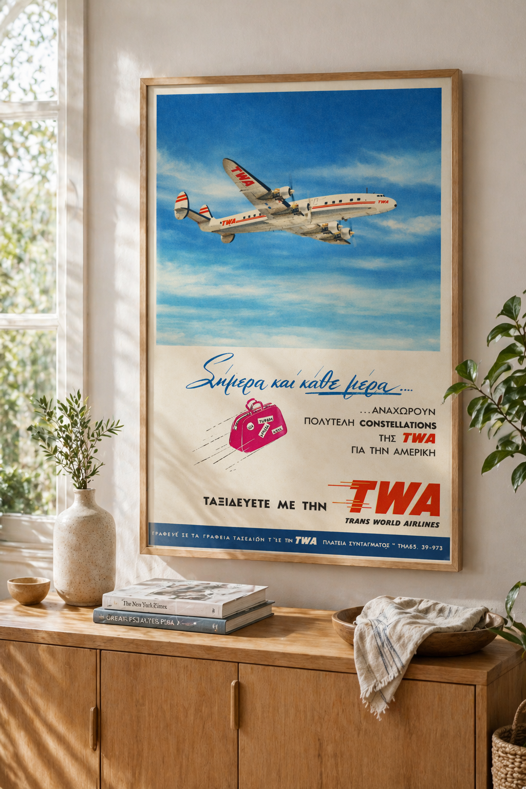 TWA Airlines Greek vintage advertisement poster mockup displayed as framed wall art in interior decor
