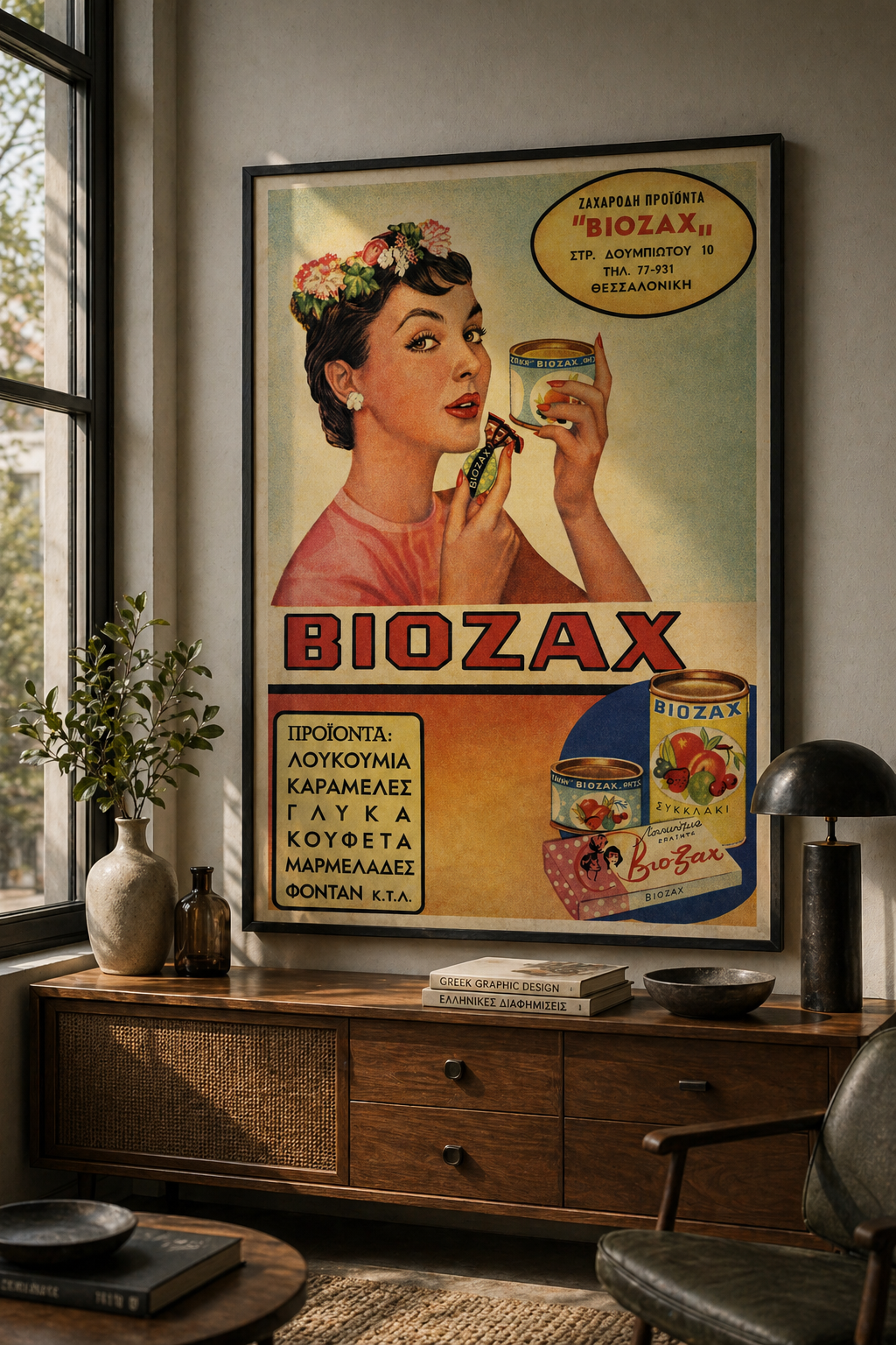 Viozach Greek vintage confectionery advertisement poster displayed in a modern living room interior