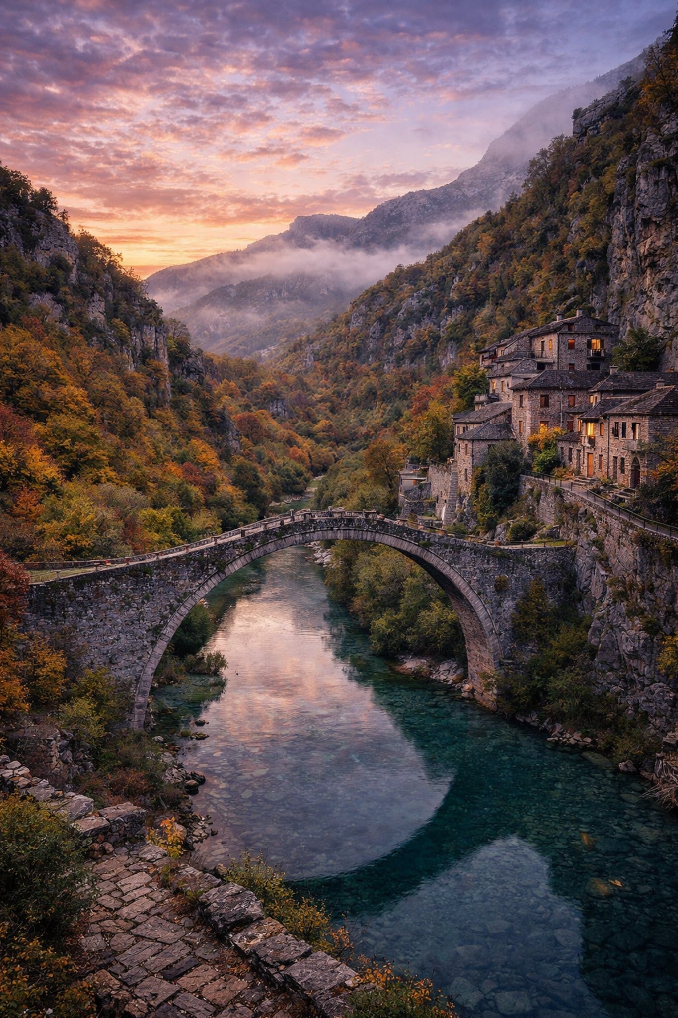 Zagori Cinematic Poster preview – dramatic stone arch bridge and misty mountain landscape of Zagorochoria, Epirus Greece, high resolution 300 DPI instant digital download, Morphē Studio
